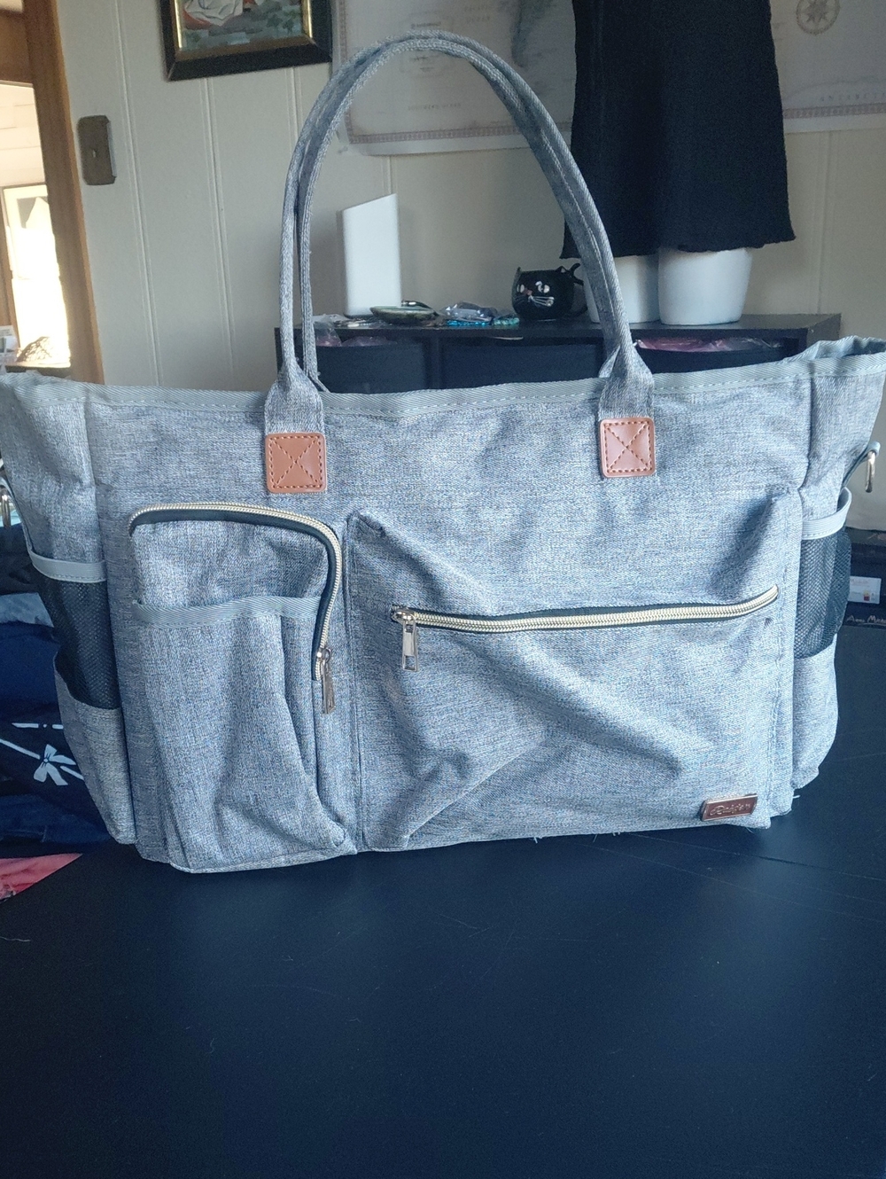 Gray Women's Laptop Tote Bag with Front Pockets